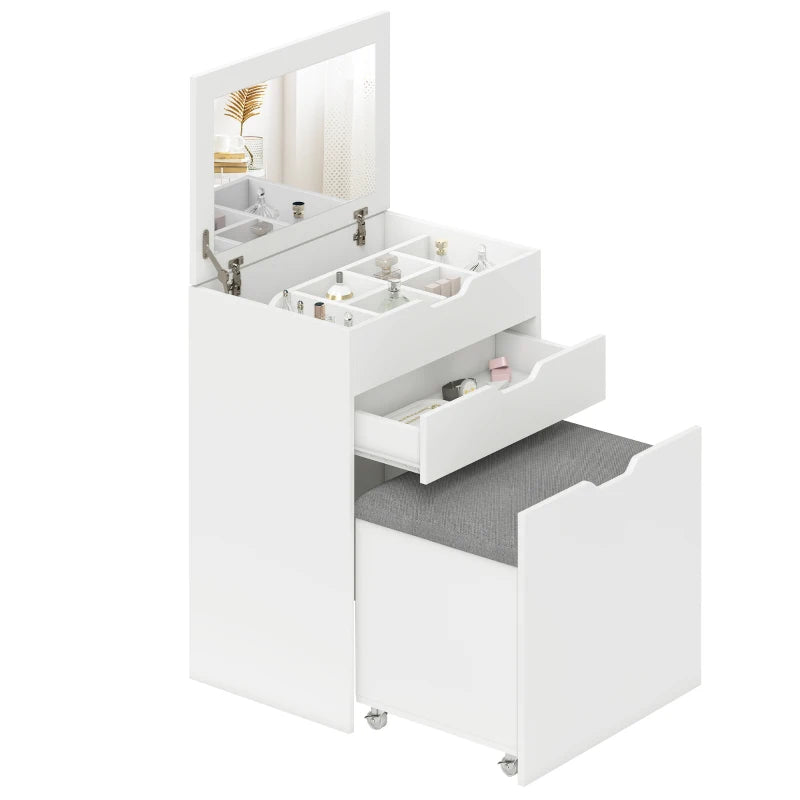 White Vanity Table with Flip-Up Mirror, Hidden Compartments & Stool