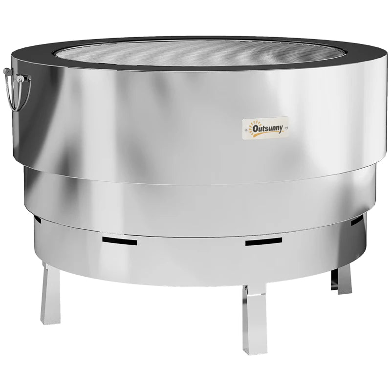 Stainless Steel Outdoor Wood-Burning Fire Pit with Fire Poker, Silver Color