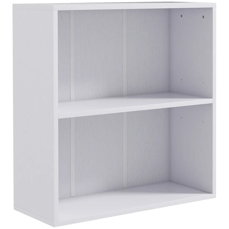 2 Tier Low Bookcase – White Adjustable Shelf & Compartments for Storage