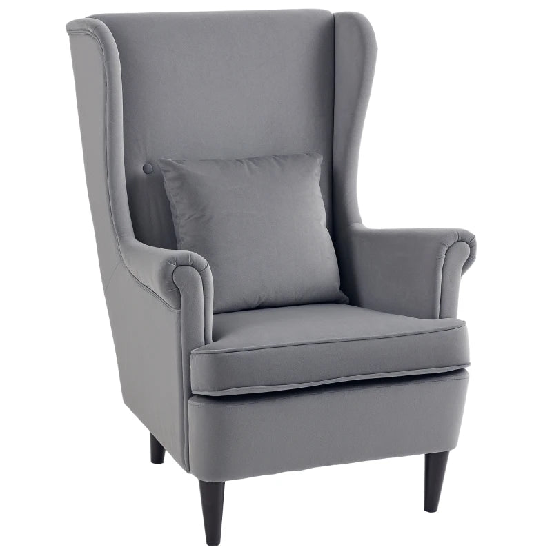 Velvet-Feel Wingback Accent Chair, High Back & Pillow, Dark Grey