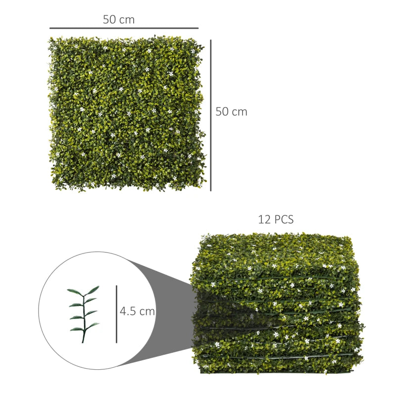 Grass Privacy Fence Panels with Artificial Boxwood and Flowers for Home, 12PCS 50x50cm