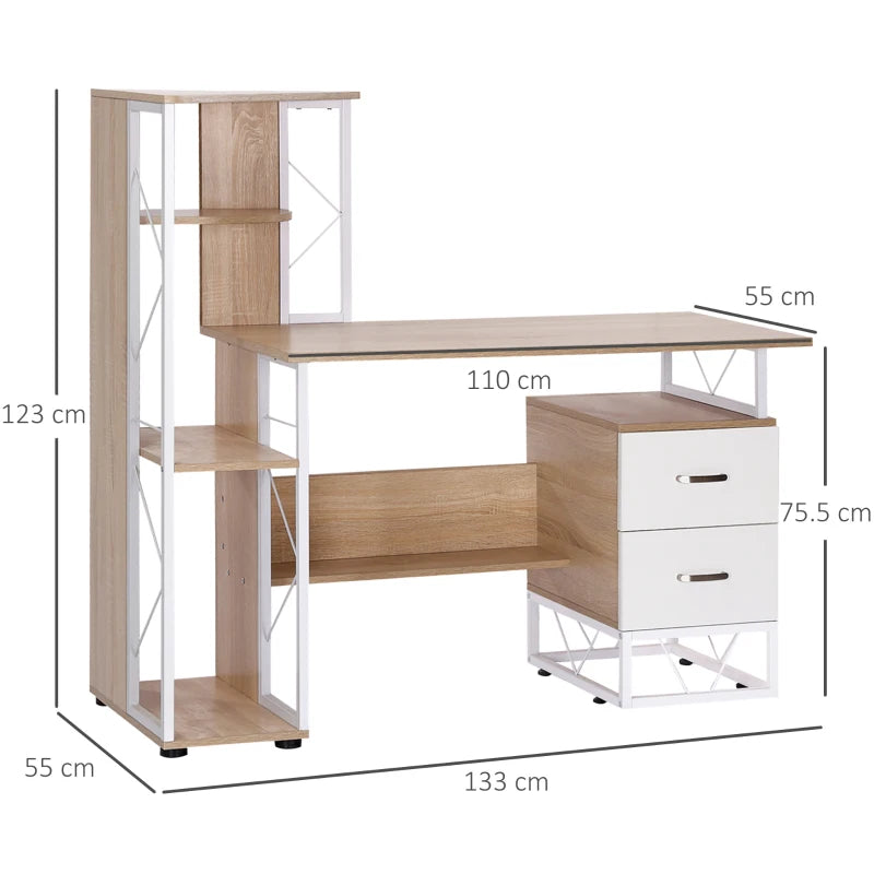 Home Office Desk with Drawers and Bookshelf – Oak