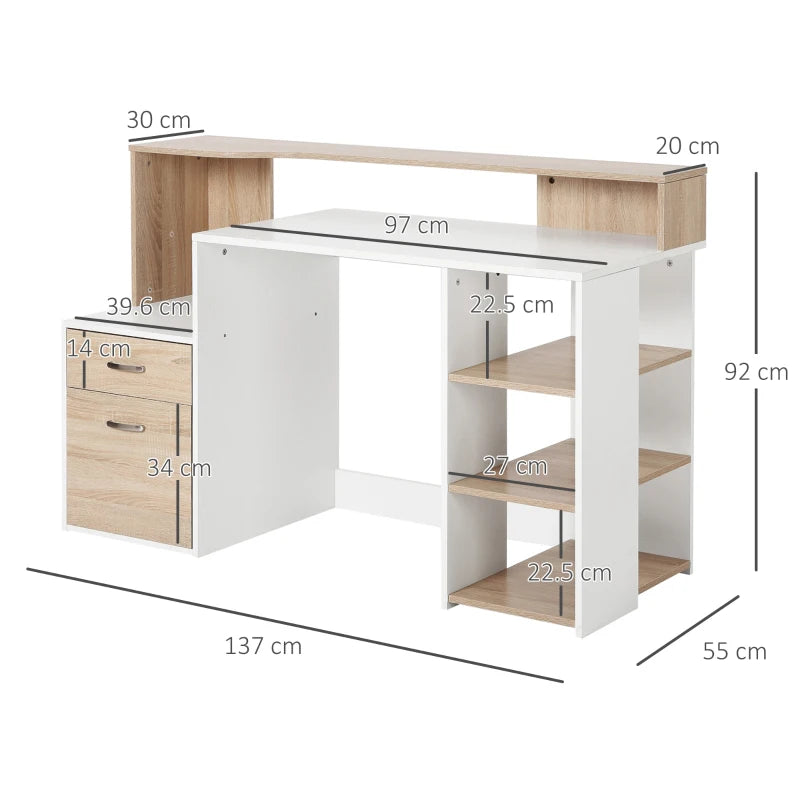 Large Oak Office Desk with Storage Drawers & Shelves – 137x55x92cm