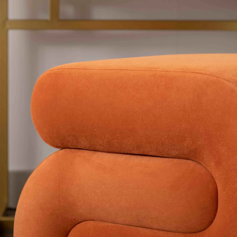 Velvet Pouffe Ottoman – S-Shape Wavy Design, Orange Foot Stool, Pre-Assembled