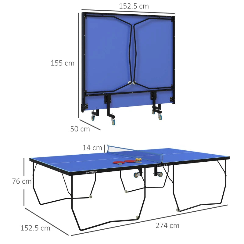 9FT Folding Tennis Table – Indoor, 8 Wheels, Blue