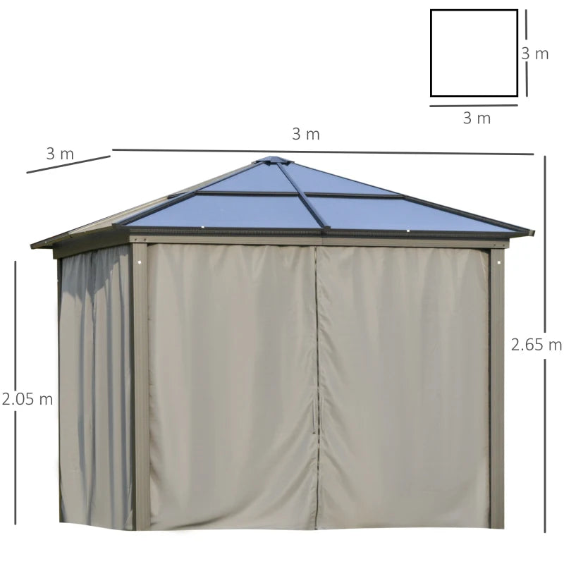 Dark Grey Hardtop Gazebo Canopy with Polycarbonate Roof & Netting for Deck 3x3m