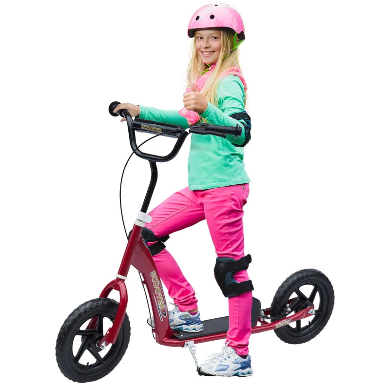 Kids Kick Scooter with 12" EVA Tyres, Rear Brake & Big Wheels – Ages 5-12 – Red
