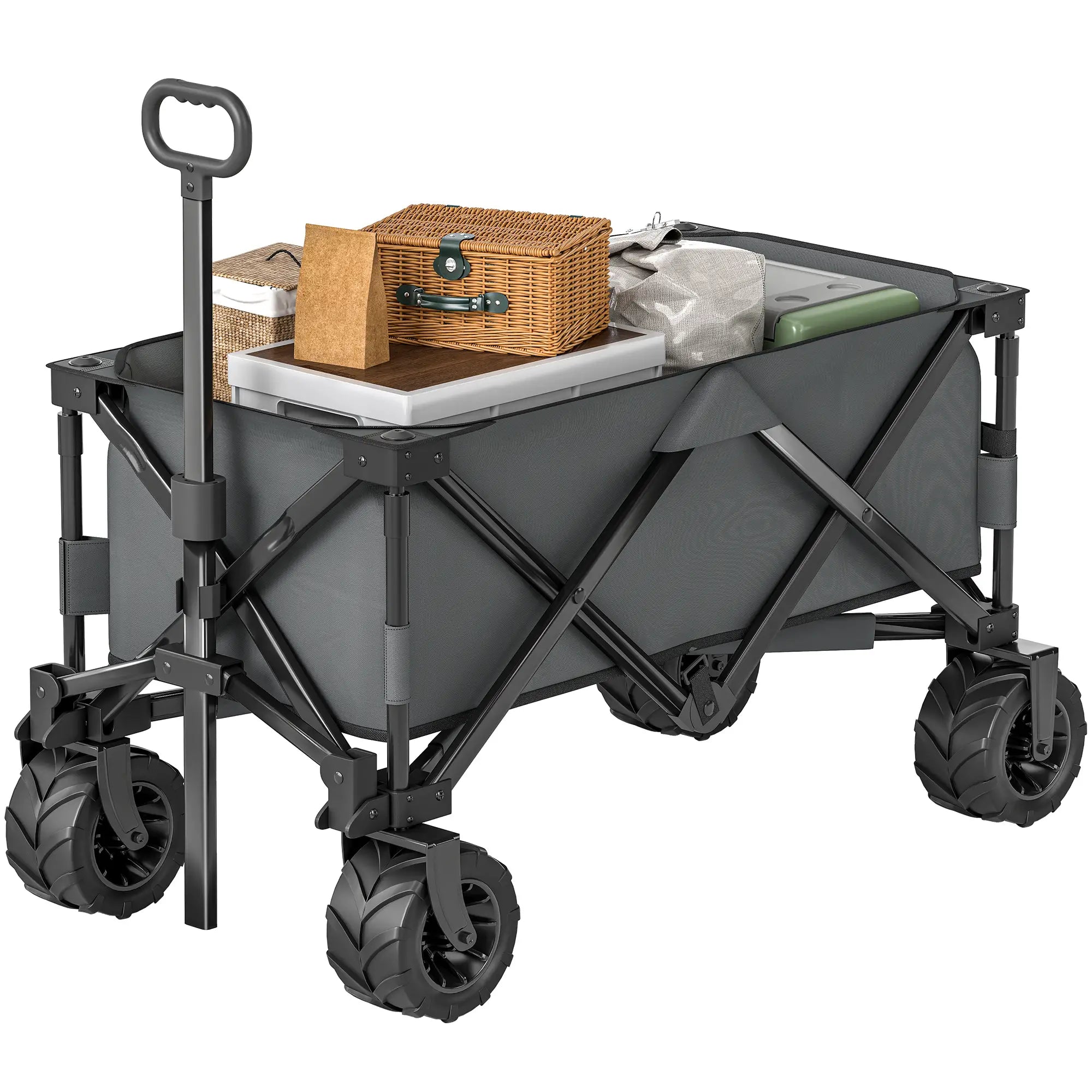 Outdoor Folding Cargo Wagon Cart with Handle Pull Along Trolley for Beach & Garden