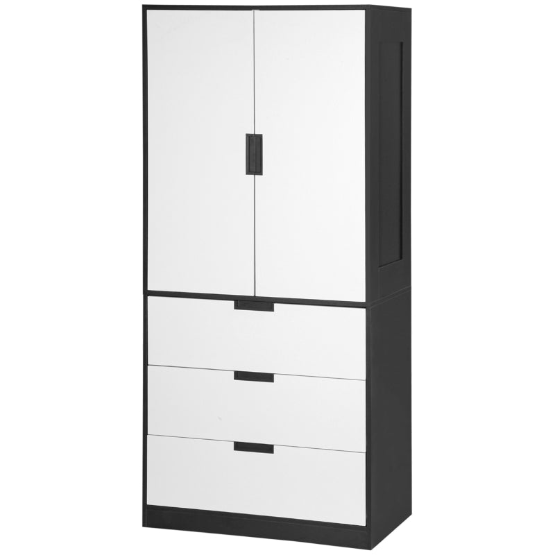 2-Door Bedroom Wardrobe with Drawers & Hanging Rod - Black