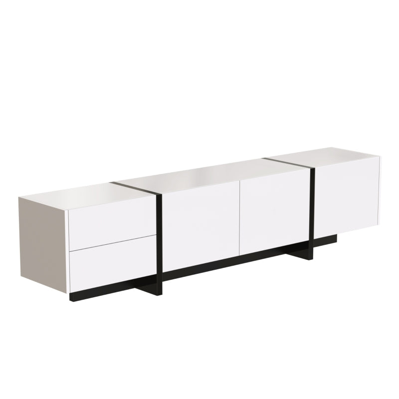 White Gloss TV Cabinet – 190cm Modern Unit with Black Accents, Doors & Drawers