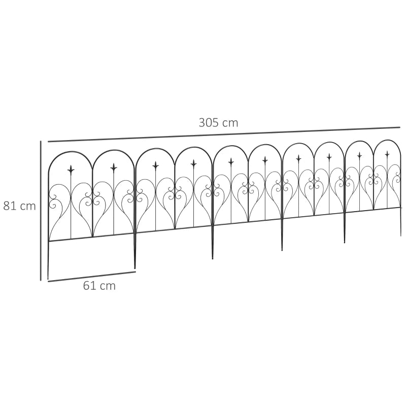 Stylish Black Metal Fence Panels with Heart Design – Set of 5 for Outdoor Spaces