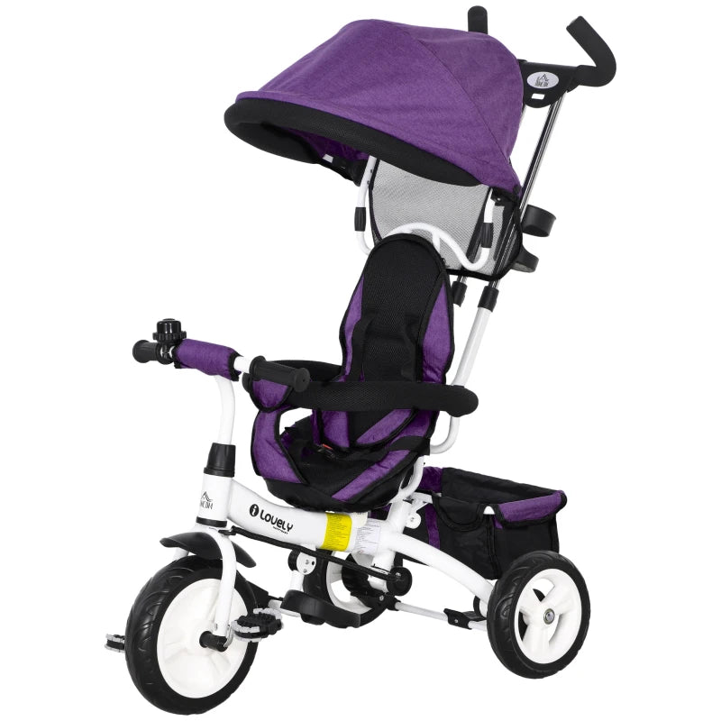 Tricycle Stroller for Toddlers with Canopy, Push Bar & Safety Features – Purple, 6-in-1
