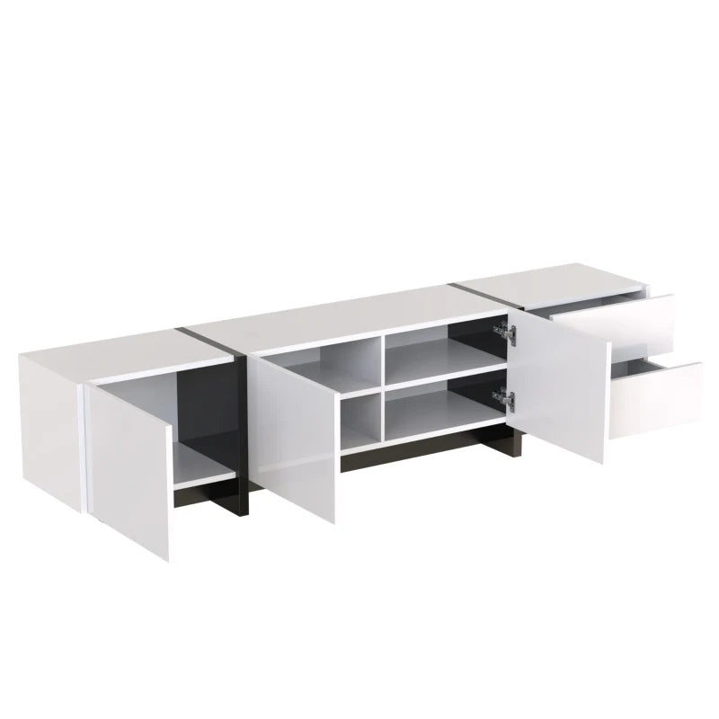 White Gloss TV Cabinet – 190cm Modern Unit with Black Accents, Doors & Drawers