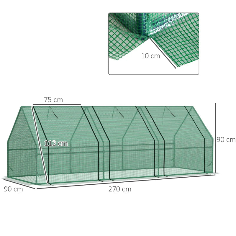 Mini Greenhouse with Steel Frame & PE Cover, Zipped Window, for Plants, 270x90x90cm, Green