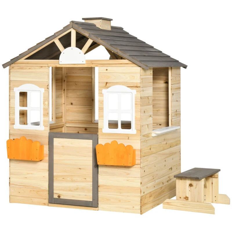 Kids Wooden Outdoor Playhouse with Service Station, Door & Bench, Perfect for Ages 3-7