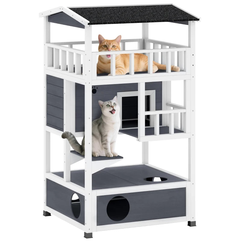 Grey Wooden Outdoor Cat House, 3-Tier Shelter with Tilted Roof