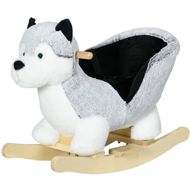 Toddler Rocking Horse in Grey Husky Plush with Sounds and Seatbelt, Ages 18-36 Months