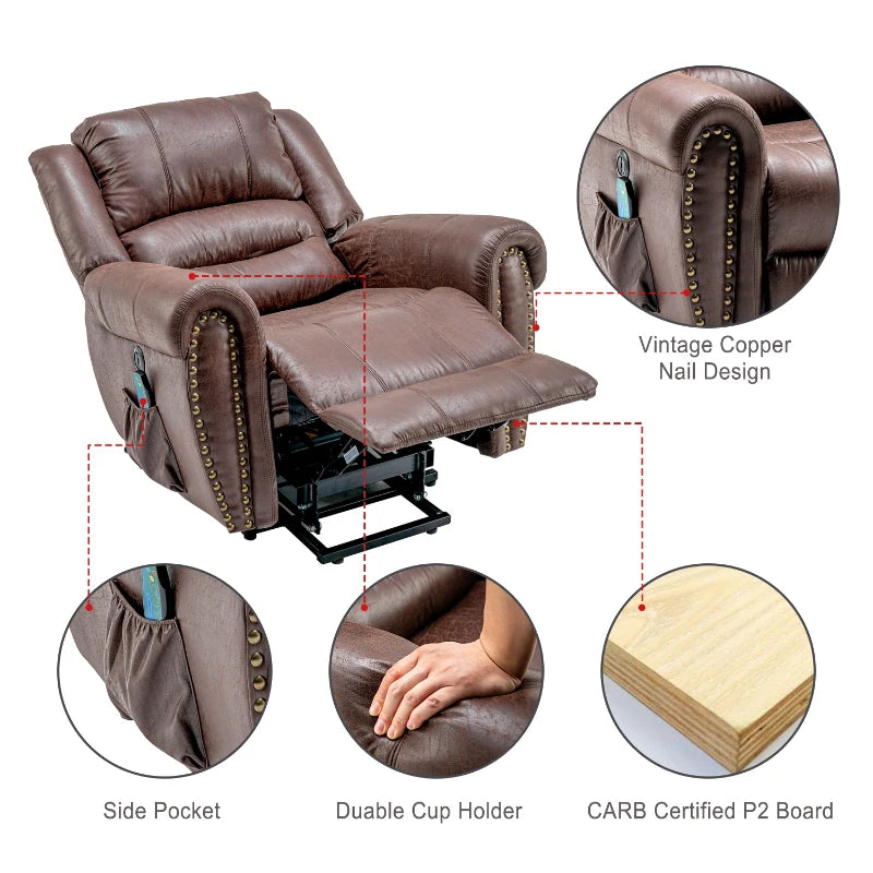 Electric Power Lift Recliner w/ Heat, Massage & Pockets – Brown, 104cm