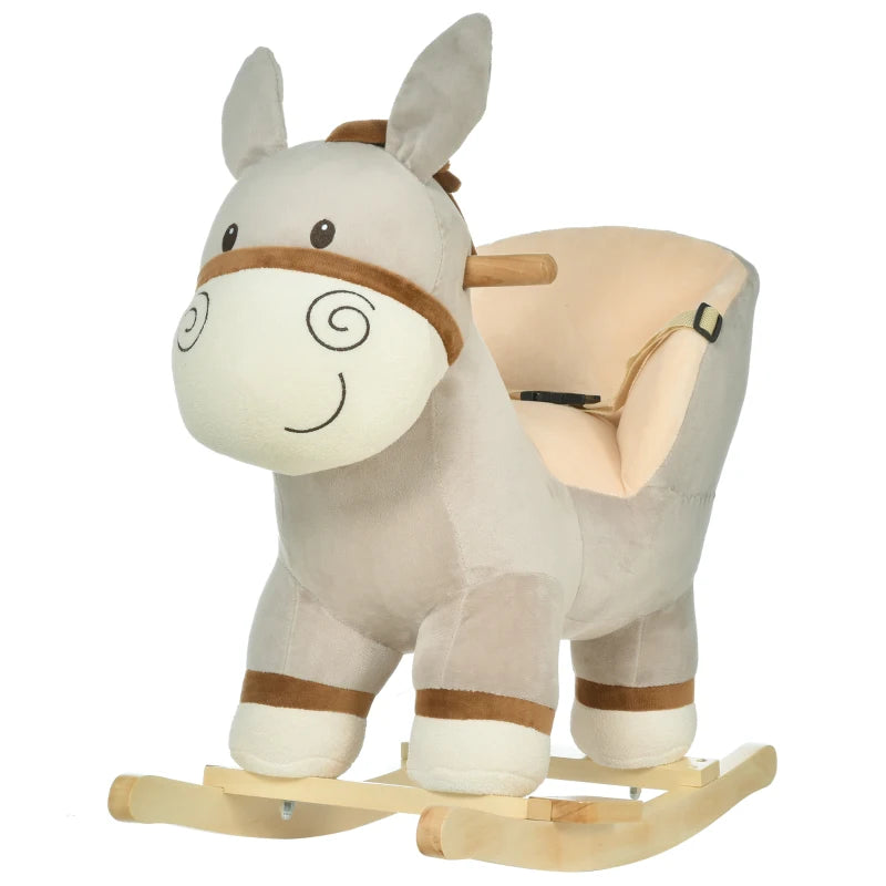 Safe and Sound Plush Donkey Rocking Horse Ride-On with Wooden Base for Toddlers