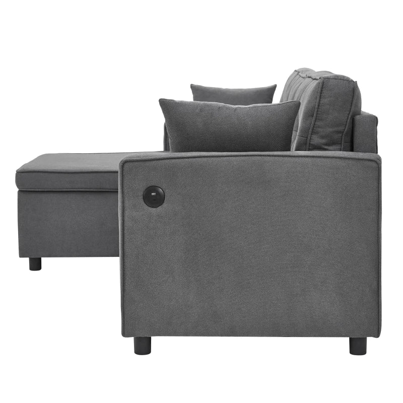 Grey L-Shaped Sleeper Sofa with Storage and Reversible Chaise, Compact