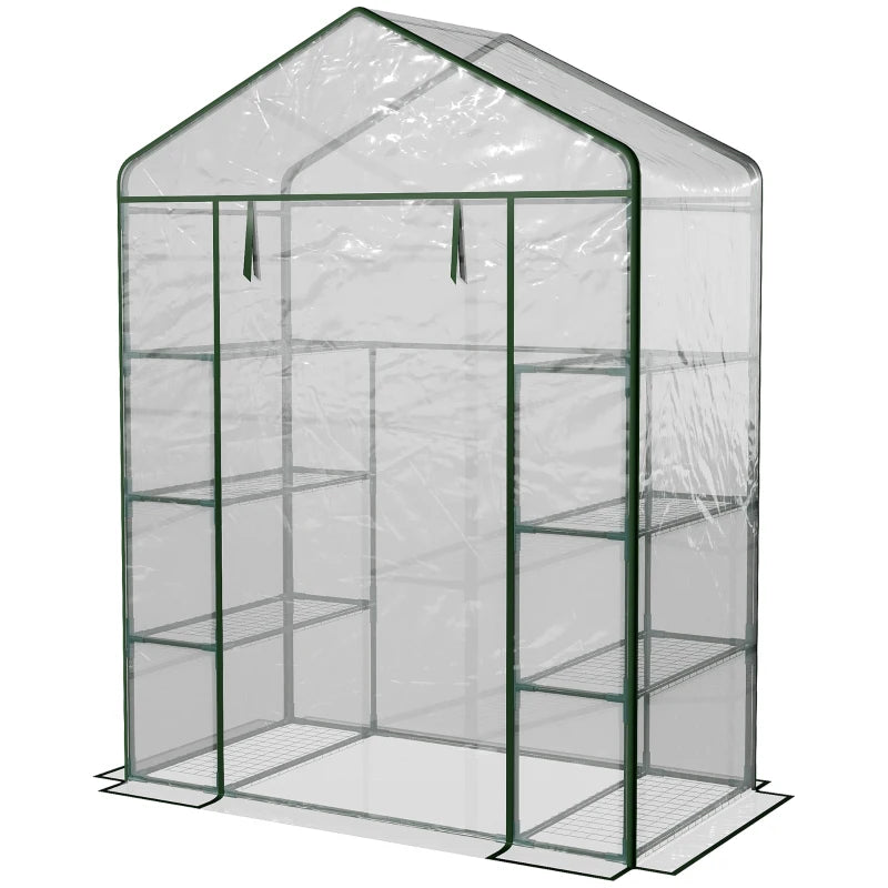 Walk-In Greenhouse with 4-Tier 8 Shelves, Hemmed Cover & Roll-Up Zipped Door, Steel Frame