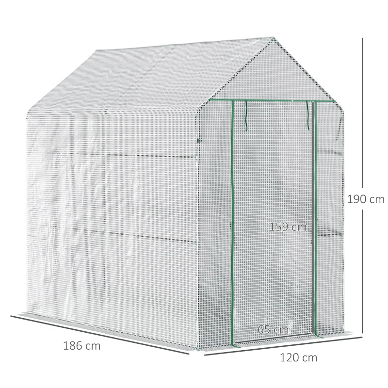Walk-In Garden Polytunnel 6x4x6ft with Roll-Up Door and Double Shelves, White Frame