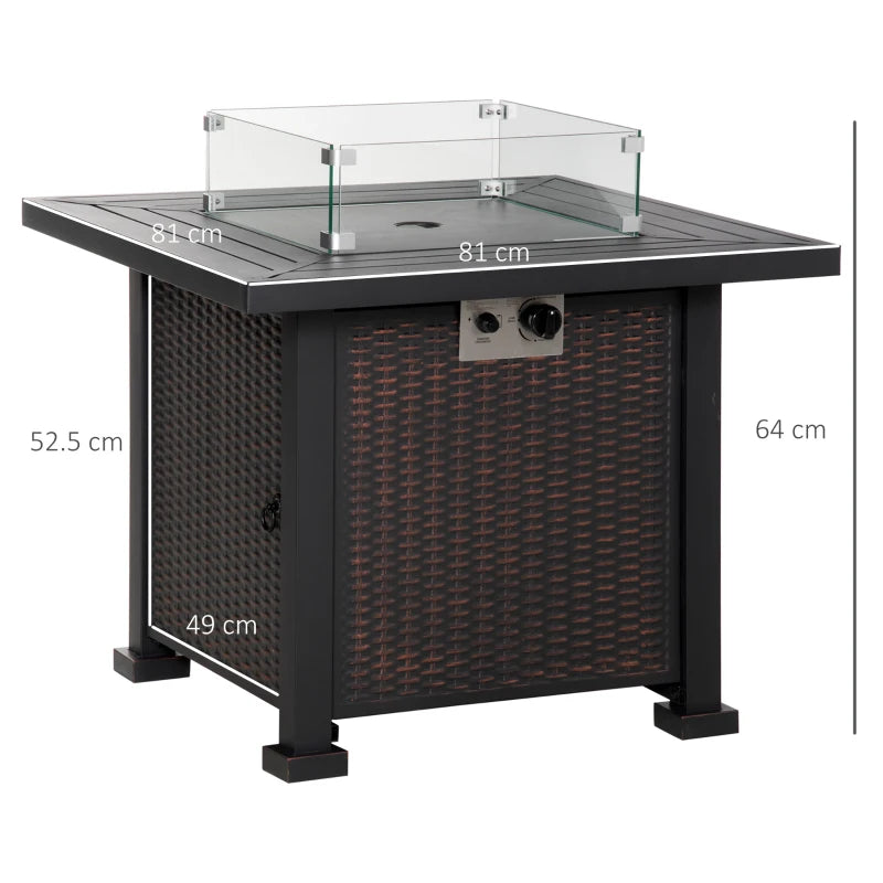 Smokeless Gas Fire Pit Table 50,000 BTU with Lid, Glass Screen, Black 81x81x64cm
