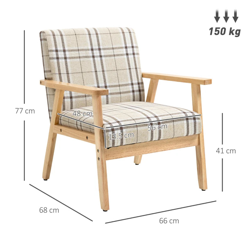 Upholstered Beige Armchair with Lattice Pattern & Wood Frame, Modern