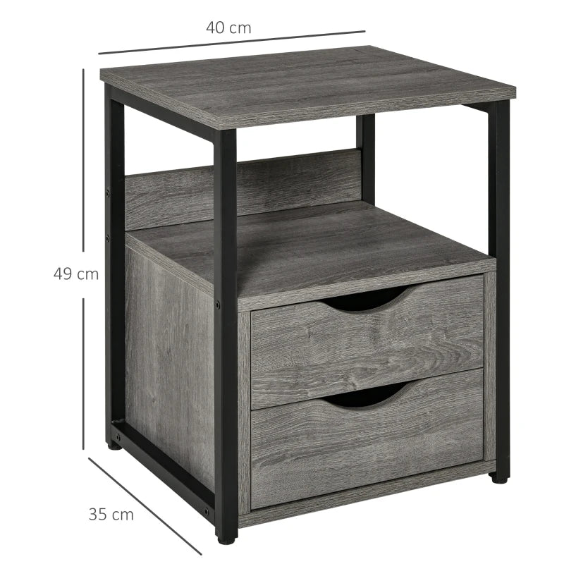 Grey Industrial Nightstand with Storage Shelf & Drawer