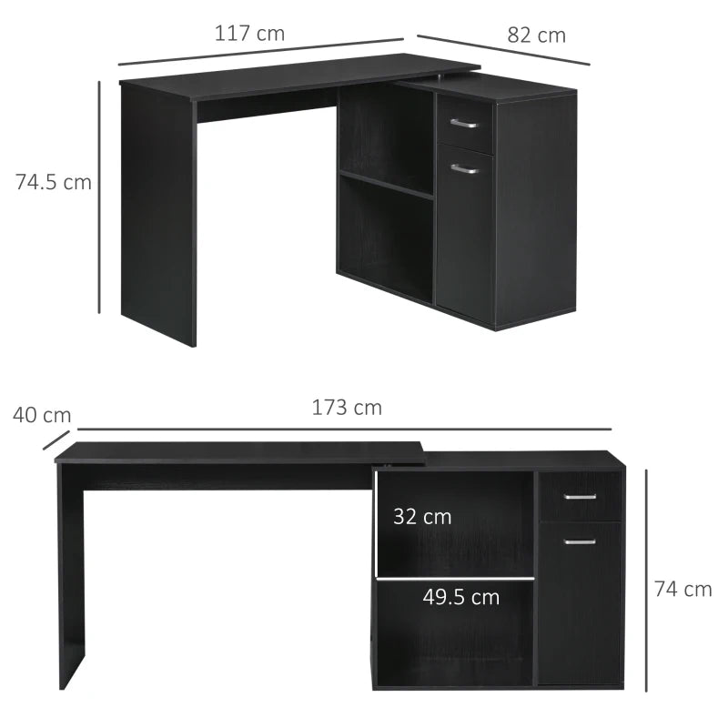 L-Shaped Home Office Desk with Storage Shelf & Cabinet – Black Wood Grain