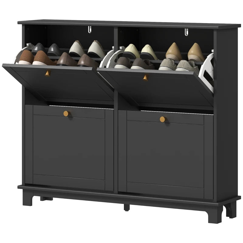 Black Narrow Shoe Cabinet, 4 Flip Drawers, Adjustable Shelves