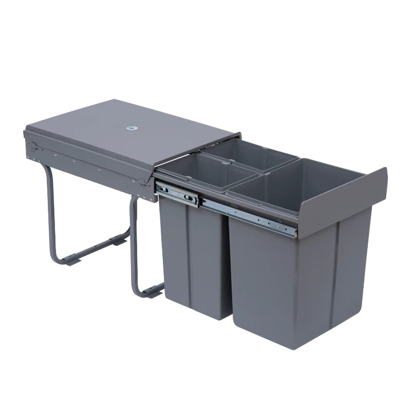 Grey Pull-Out Waste Bin Cabinet, 40L Recycling Bin (1x20L+2x10L)