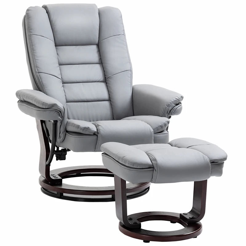 PU Leather Recliner Chair & Footstool, Swivel, 135° Recline – Grey