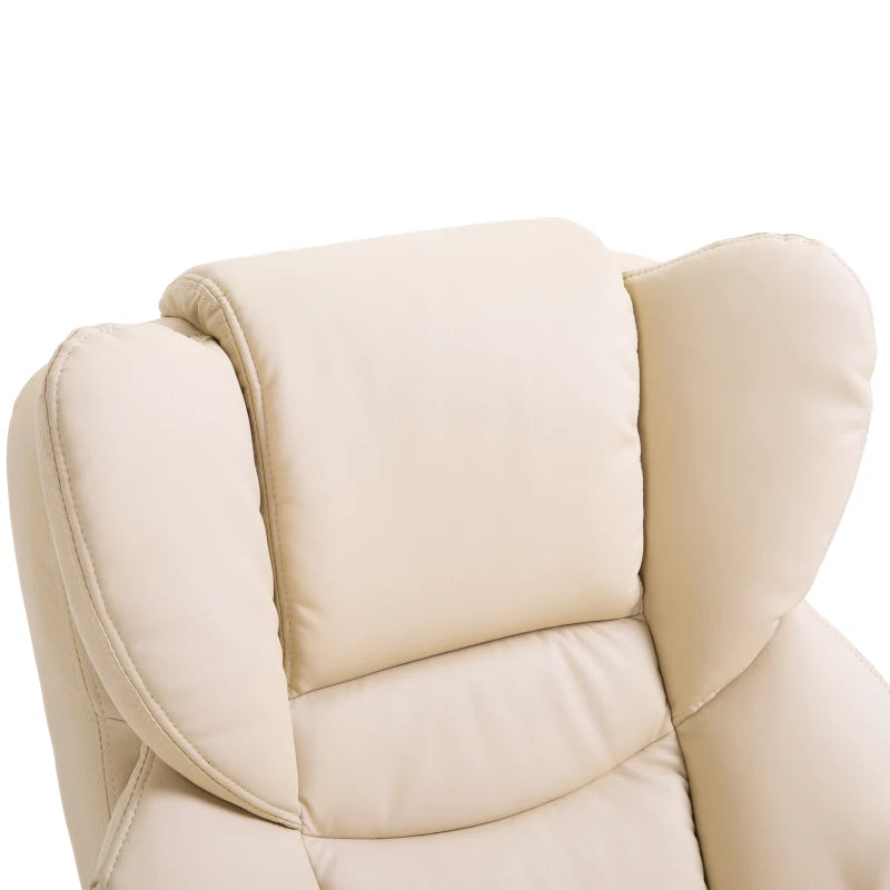 PU Leather Recliner Chair – 360° Swivel with Footstool, Cream, Wood Base
