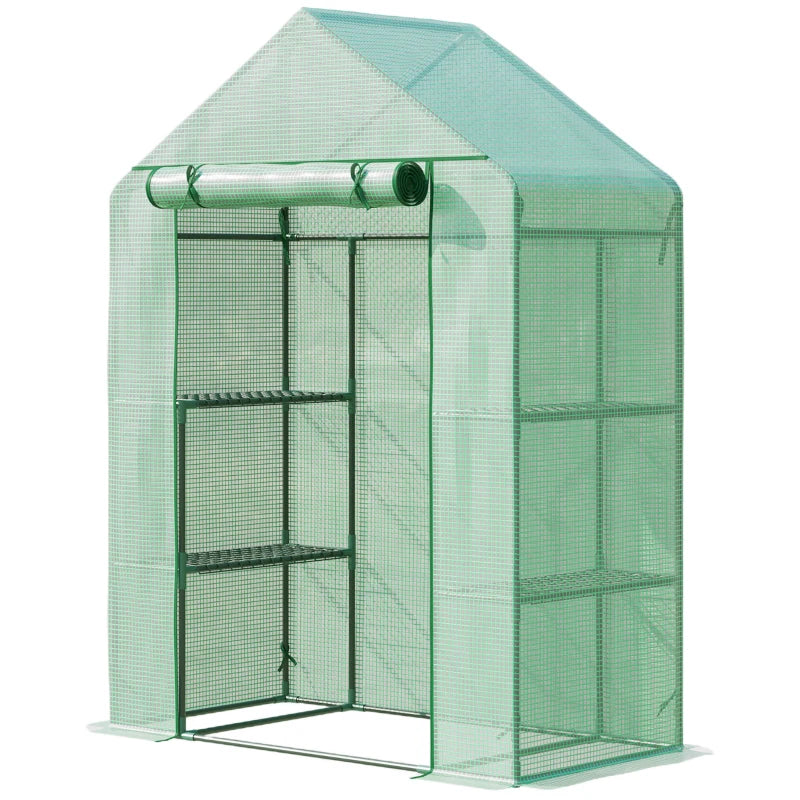 Walk-In Portable Greenhouse with 2-Tier Shelves Zippered Door & PE Cover Green 141x72x191cm
