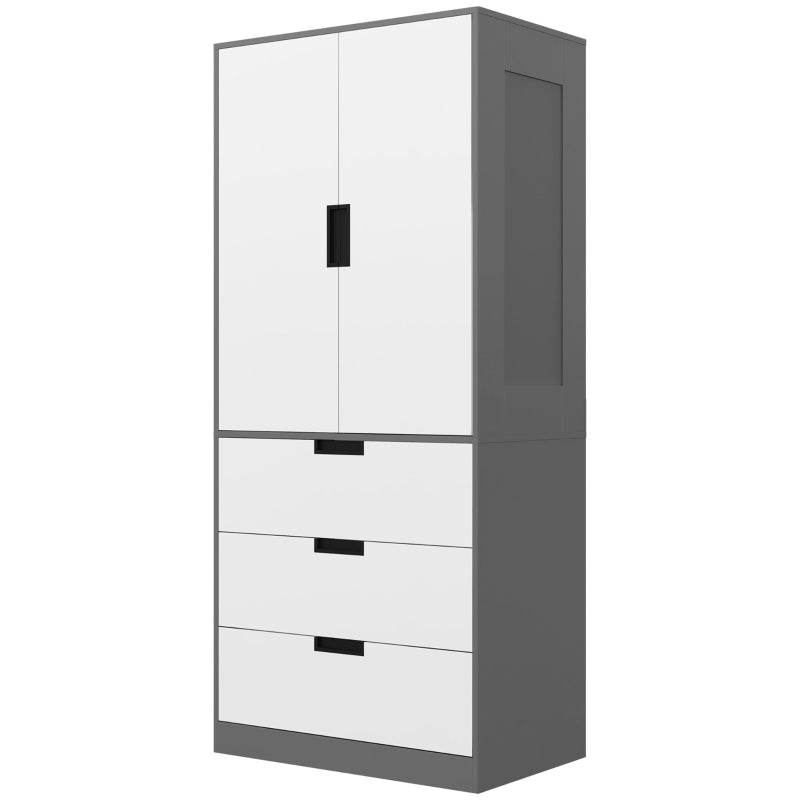 2 Door Bedroom Wardrobe with Hanging Rod & 3 Drawers, Modern Grey