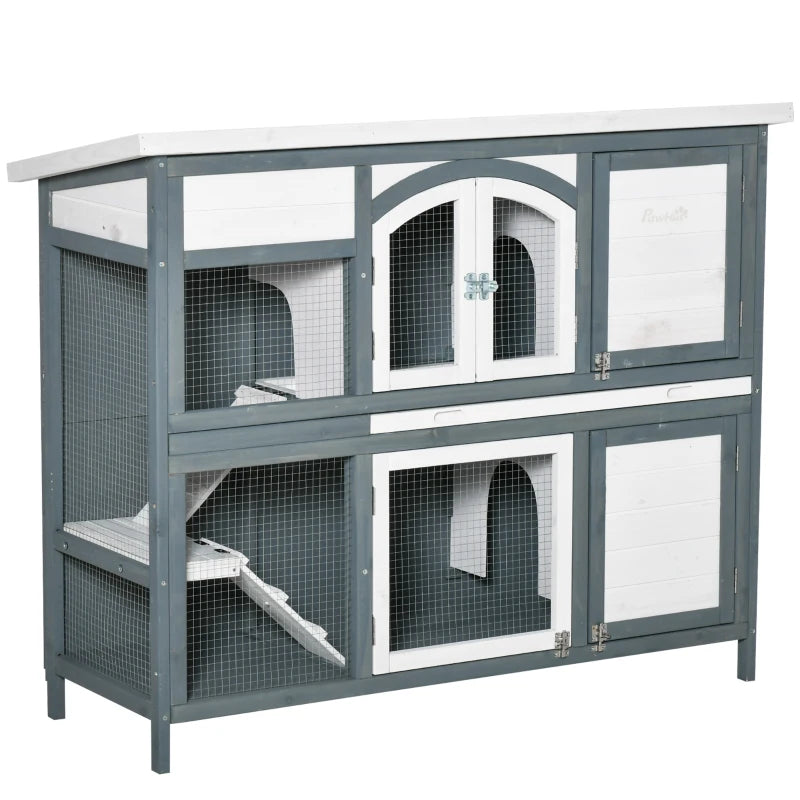 Rabbit Hutch with Ramp & Divider – 2 Tier, Grey Wooden Cage