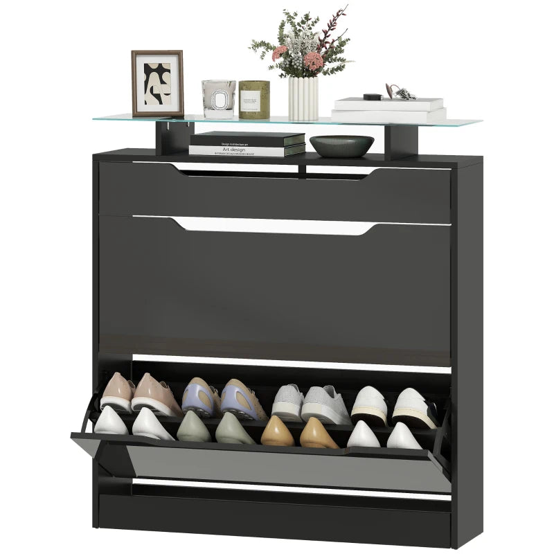 Shoe Storage Cabinet with Drawer, Flip Doors, Glass Top – Black