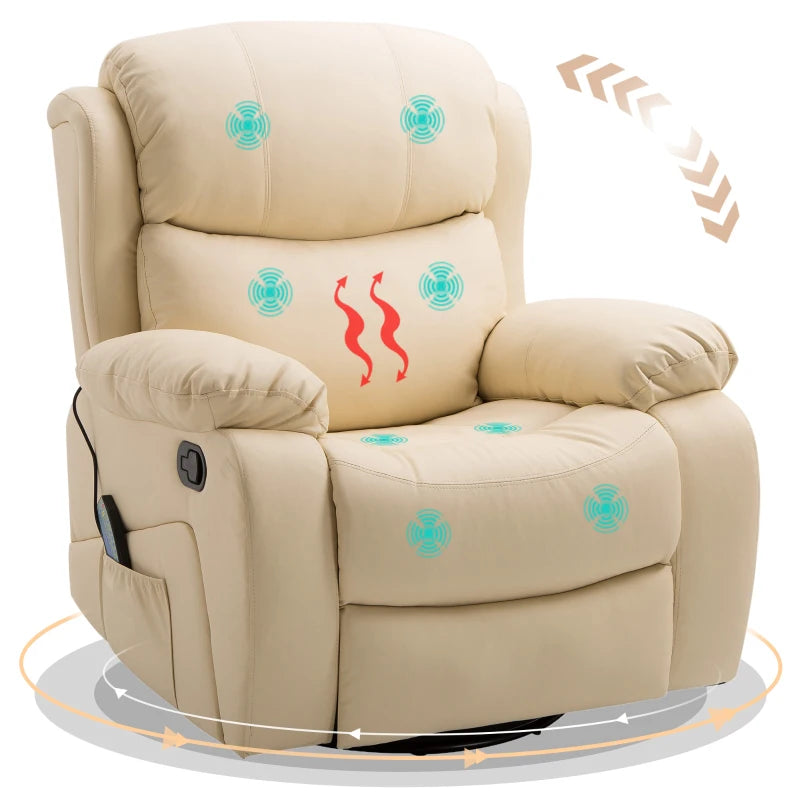 Swivel Recliner with Massage, Heat & Remote – PU Leather, Beige