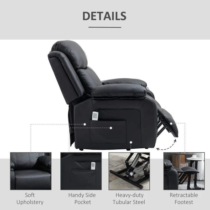 Overstuffed Power Lift Recliner with Massage & Remote, Black
