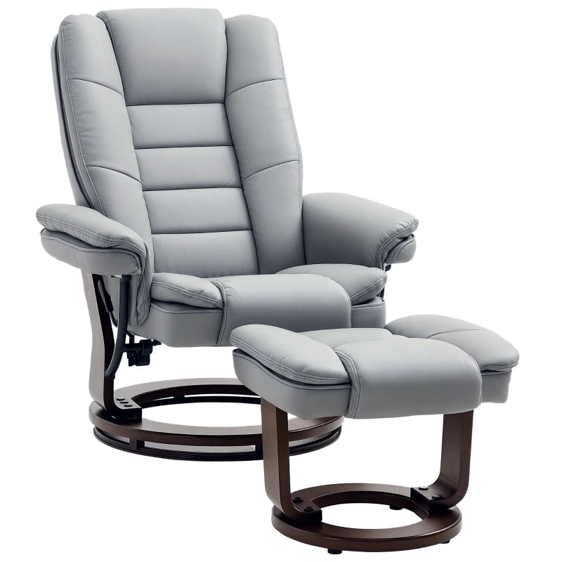 PU Leather Recliner Chair & Footstool, Swivel, 135° Recline – Grey