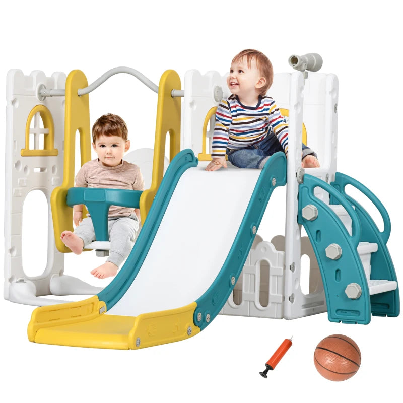 Yellow 6-in-1 Kids Swing and Slide Set with Basketball Hoop, Telescope & Storage Space