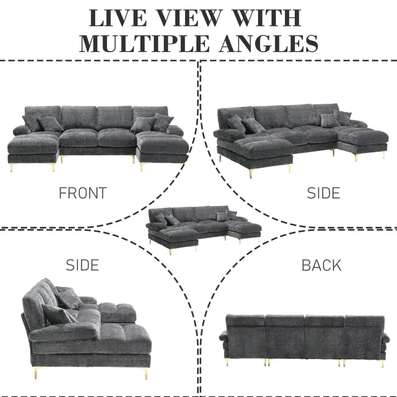 Modular U-Shaped Sectional Sofa, Chenille Fabric, Double Chaise, Grey, 272cm