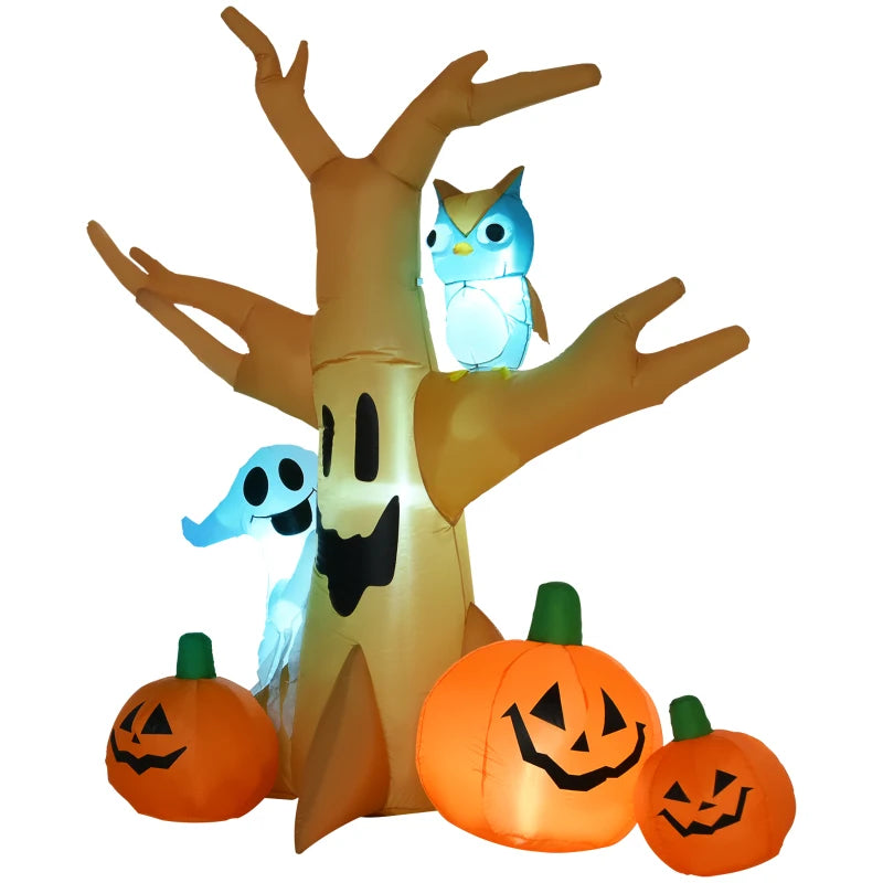 Halloween Inflatable Tree 240cm with Ghost, Owl & Pumpkins – LED Lit