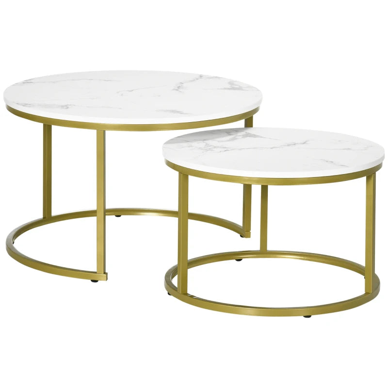 Nesting Coffee Tables Set of 2, Round Faux Marble Tops & Metal Frame