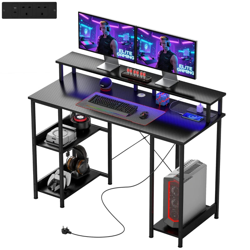 Modern LED Desk – Carbon Fibre Grey with Shelves & Outlets