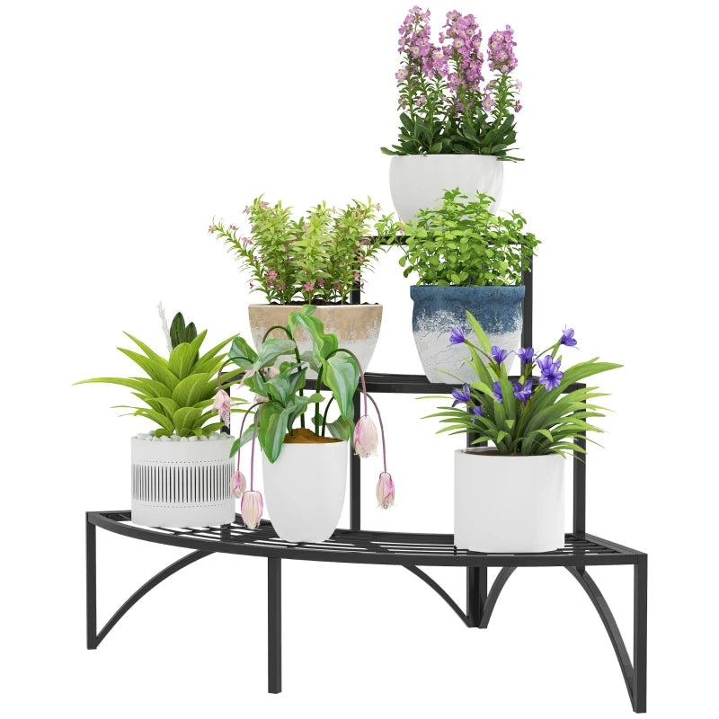 Space-Saving Black Metal Corner Plant Shelf with Three Tiers for Indoor Use
