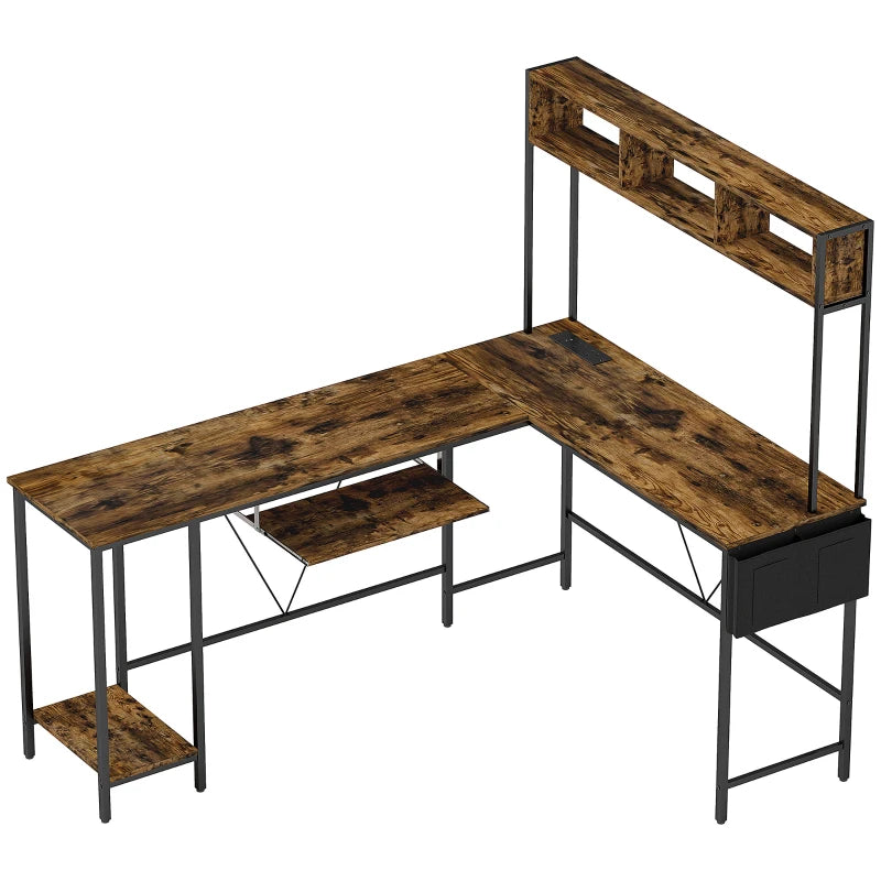Rustic Brown L-Shaped Desk – Reversible, with Power Outlet