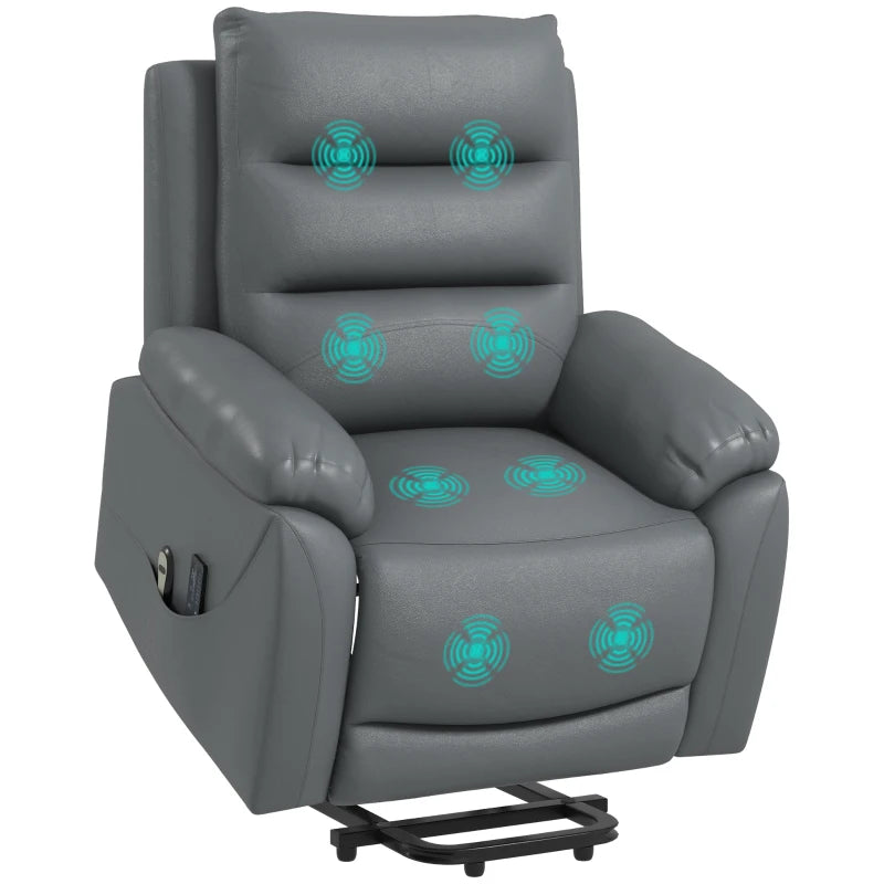 Elderly Power Lift Recliner – Grey PU Leather with Massage & Side Pockets