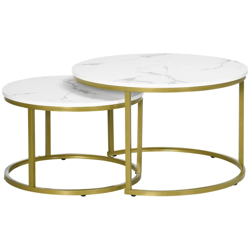 Nesting Coffee Tables Set of 2, Round Faux Marble Tops & Metal Frame